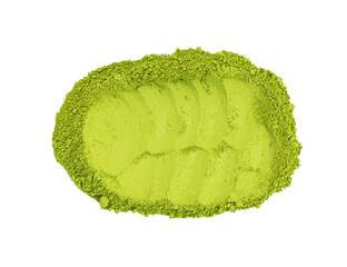Matcha powder isolated, green tea dust pile, spirulina flour, powdered chlorella, dry extract