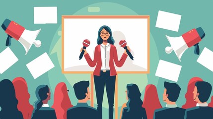 Professional Woman Speaks, Calls for Votes in Flat Vector Illustration