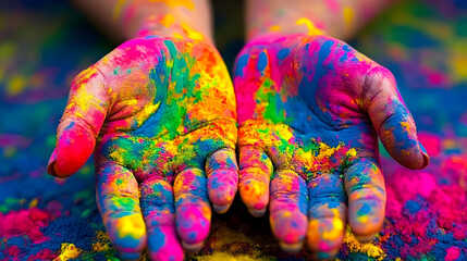 Colorful hands covered in vibrant powders celebrate holi festival of colors in an outdoor setting during springtime festivities