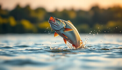 Fototapeta premium Dynamic Fish Jumping Out of Water Vibrant Aquatic Wildlife in Action 