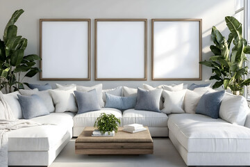 Fototapeta premium Cozy living room with modern decor featuring large sectional sofa, fresh plants, and empty three picture frames foe wall art mockup.