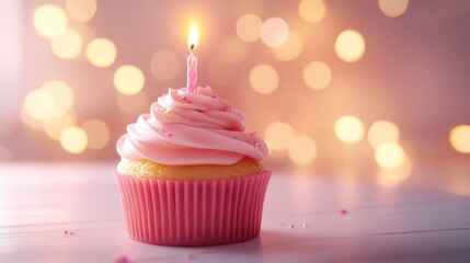 Pink Cupcake with Candle and Soft Glow Lights