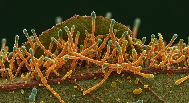 Microscopic fungus infecting green leaf. Orange and green mold organism. - Powered by Adobe