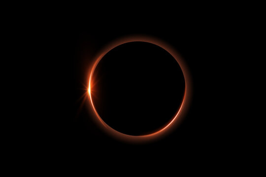 Realistic lens flare light overlay cosmic effect. Total solar eclipse with shining star, glowing sunlight circle, dawn over the planet on black background. Vector light effects in black space.
