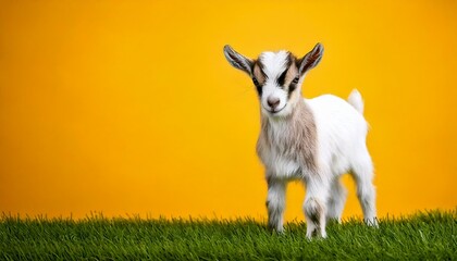 Obraz premium lamb standing on grass, yellow background, copy space