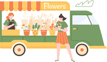 Florist operating a customized van, selling vibrant flowers while a satisfied customer walks away, happily holding a beautiful bouquet after a delightful shopping experience