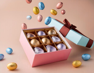 Luxury chocolate Easter eggs in elegant gift box with bow