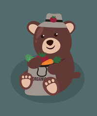 Obraz premium Organic Illustration with Bear is Sitting and Holding Vegetables Bag