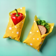 Reusable food wrappers in yellow colours shown. In different sizes, used for lunch. Eco-friendly, great for lunch bags. Wrappers for organic, healthy food. Lunch wraps made of fabric, used to store
