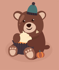 Illustration with Bear is Sitting and Holding a Cupcake Pumpkin