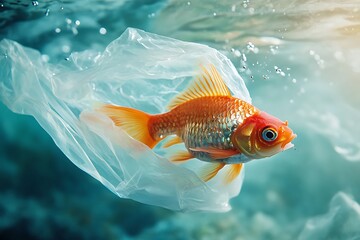 Goldfish trapped in plastic bag underwater, suffocating from ocean pollution