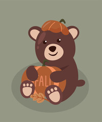 Fall Illustration with Bear is Sitting and Holding Pumpkin