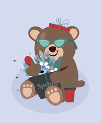 Spring Illustration with Bear is Sitting and Holding  Flowers Present 