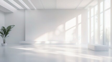 Fototapeta premium Minimalist Interior with Sunlight: A spacious, modern interior space bathed in soft, natural sunlight streaming through large windows. The minimalist design features a white backdrop.