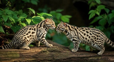 Fototapeta premium Two spotted wild cats face each other on log in lush green forest