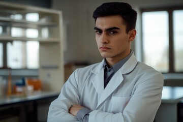 A scientist stands with his arms crossed, dressed in a lab coat