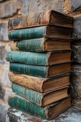 Stacked old books on a brick wall, perfect for interior or background use