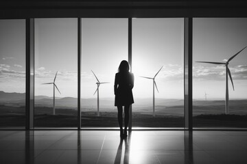 Fototapeta premium Silhouette of a woman gazing at wind turbines through a large window, signifying clean energy and a sustainable future.