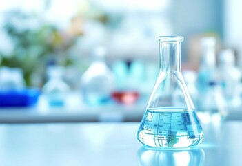 Glass conical flask with blue liquid in science laboratory. Chemical research equipment on blurred background. Medical testing, pharmaceutical analysis workspace