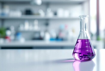 Purple liquid in glass conical flask on white laboratory table. Scientific research equipment in chemical lab. Medical, pharmaceutical or educational concept with copy space
