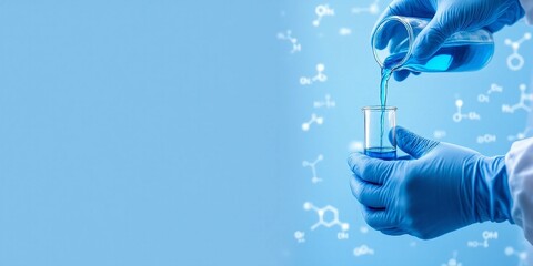 Scientist pouring liquid in laboratory test tube on blue background with rising bubbles. Medical research, chemistry experiment. Science panoramic banner with copy space