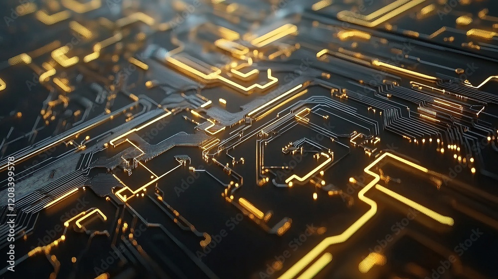 Poster abstract structured circuit design with golden lines in technology