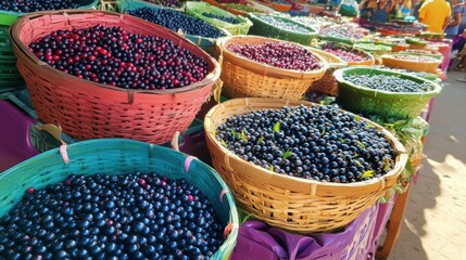 Fototapeta premium colorful baskets of fresh berries at outdoor market, vibrant and inviting, perfect for illustrating healthy snacks and local agriculture