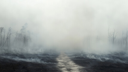 Obraz premium 濃い煙に包まれた林道が語る自然災害の影響