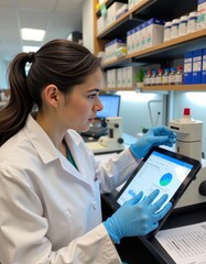 Lab technician analyzes data on tablet in modern laboratory setting during daylight hours