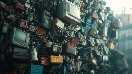 A close-up of a garbage mountain with layers of discarded items, from household appliances to old clothes, emphasizing the magnitude of waste.
