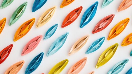A close-up of colorful paper clips arranged in a neat pattern on a clean white background, showcasing their vibrant metallic finish.