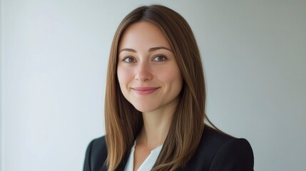 Obraz premium Profile photo of a young female manager in a classic suit on a gray background
