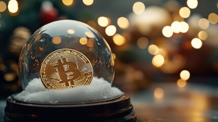 A snow globe with a bitcoin inside, perfect for illustrations or designs related to cryptocurrency and winter themes