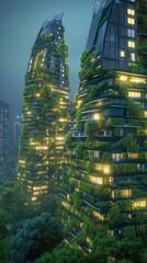 Obraz premium A futuristic sustainable city with green rooftops, solar panels, and vertical gardens, glowing with soft evening light