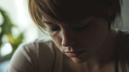 Fototapeta premium Thoughtful Young Woman Pensive Portrait Soft Lighting Indoor Setting Subtle Expression Natural Beauty Peaceful Mood Calm Atmosphere Serene Moment Quiet 