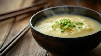 A close-up of a steaming bowl of silky smooth steamed egg garnished with spring onions and soy sauce, served on a wooden table with chopsticks.
