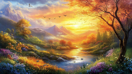 Obraz premium Sunrise: Hope and New Beginnings: The sunrise in the background symbolizes the dawn of a new season, bringing warmth, light, and a sense of optimism. 