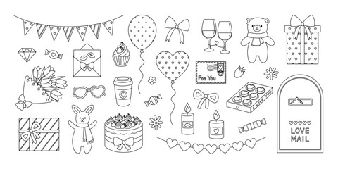 Valentines day coloring page. Outline elements set with cake, balloons, flower bouquet, envelope, gifts, hearts, candies and other. Contour romantic collection for holiday. Coloring book for print