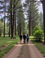 Three friends walking along a gravel path surrounded by tall trees in a peaceful forest setting