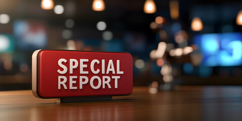 Special Report sign on a table in a newsroom setting.  The background is blurred, focusing attention on the sign.
