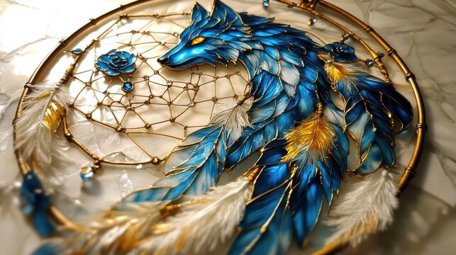 A stunning dreamcatcher featuring an intricately designed blue wolf, adorned with feathers and gems, symbolizes protection and artistry, blending creativity with cultural significance.