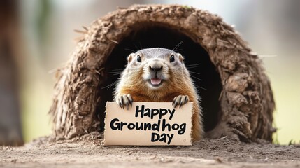 Groundhog peers out of his burrow, holding a sign "Happy Groundhog Day," symbolizing joy and anticipation of spring.