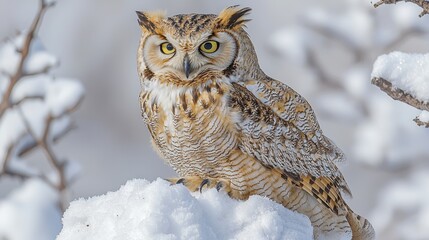 Great horned owl perched on snow-covered branch in winter.
