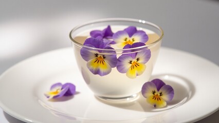 Delicate Jell-O with edible flowers encapsulated inside, creating an elegant and serene dessert ideal for weddings or tea parties.