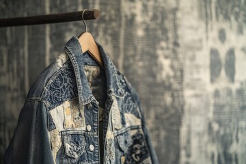 A stylish, patched denim jacket hangs on a wooden hanger against a textured background.