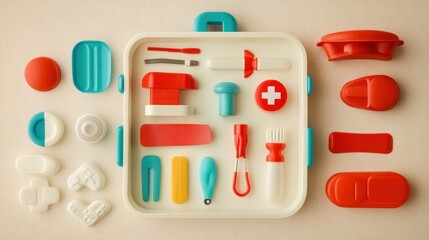 Child's colorful plastic toy doctor kit on beige background