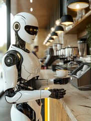 Fototapeta premium A humanoid robot serving coffee in a modern cafe, sleek and futuristic design, sharp focus
