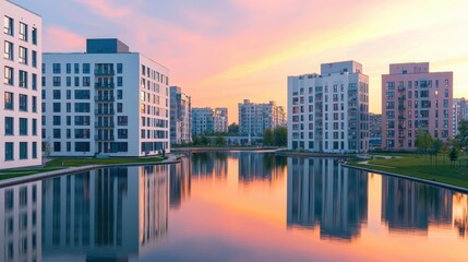 Fototapeta premium A serene urban landscape featuring modern buildings reflected in a calm body of water under a colorful sunset sky.