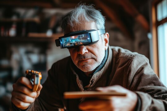 Senior craftsman uses augmented reality glasses to precisely craft woodwork in his workshop.