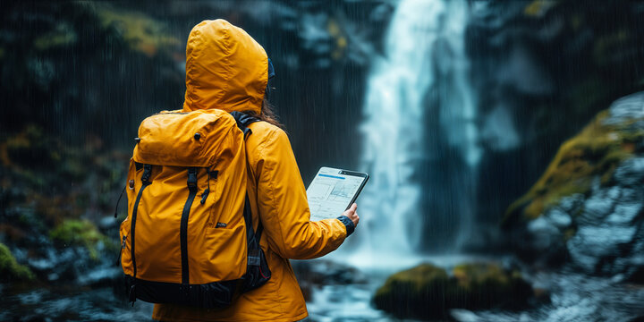 Adventurer Using Tablet by Waterfall: Analyzing Data for Informed Outdoor Exploration